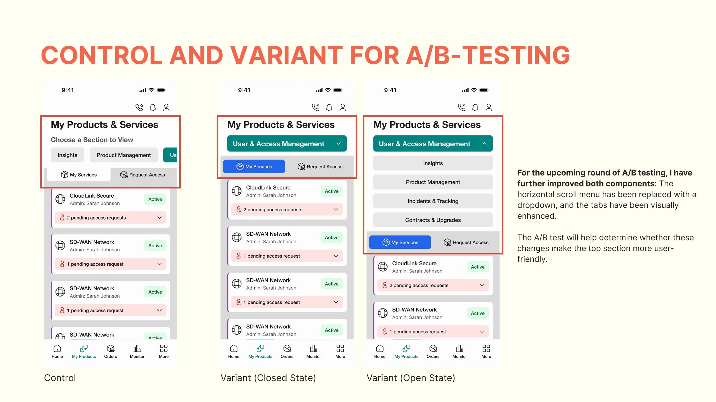 I conducted A/B testing. The top section had received mixed feedback in the first round of user testing, so I created a variant to see if it could be improved further.