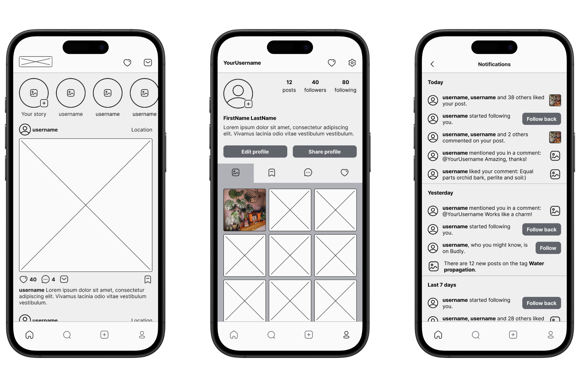 Mid-fidelity: Feed, profile and notifications.