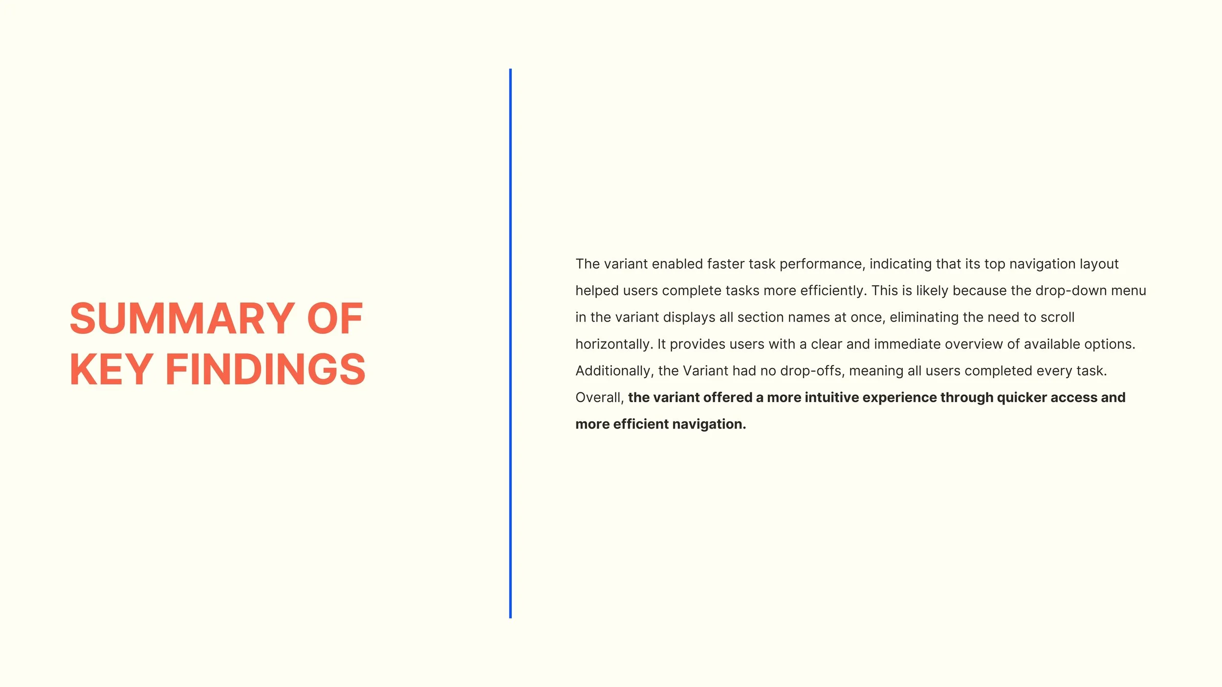 The A/B test compared the control and variant prototypes across four tasks using four usability metrics: Average Duration, Success Rate, Drop-off Rate, and Misclick Rate. The variant achieved a usability score of 58 compared to 44 for the control, of