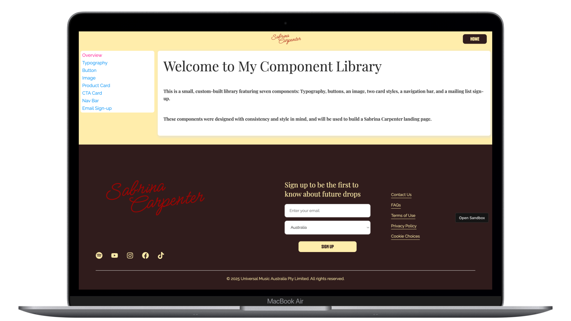 Landing page of the component library.
