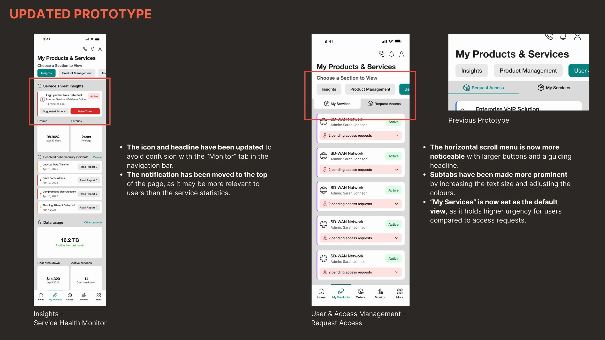 To address this pain point, I enhanced the visibility of the horizontal scroll menu and subtabs, as several participants had overlooked them during user testing.