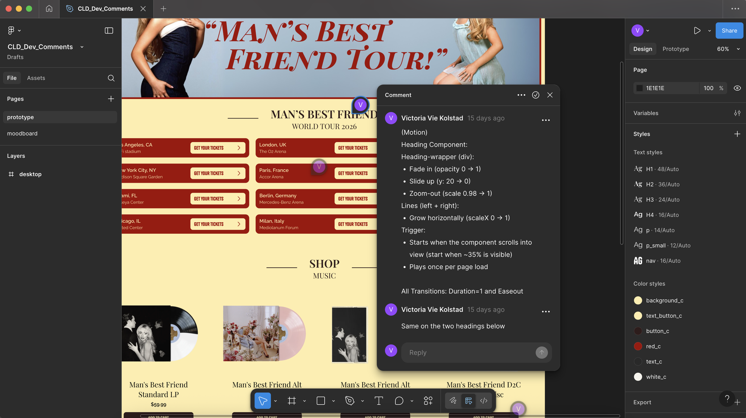 Screenshot of the Figma page with developer notes. The animations were built using Motion and SCSS.