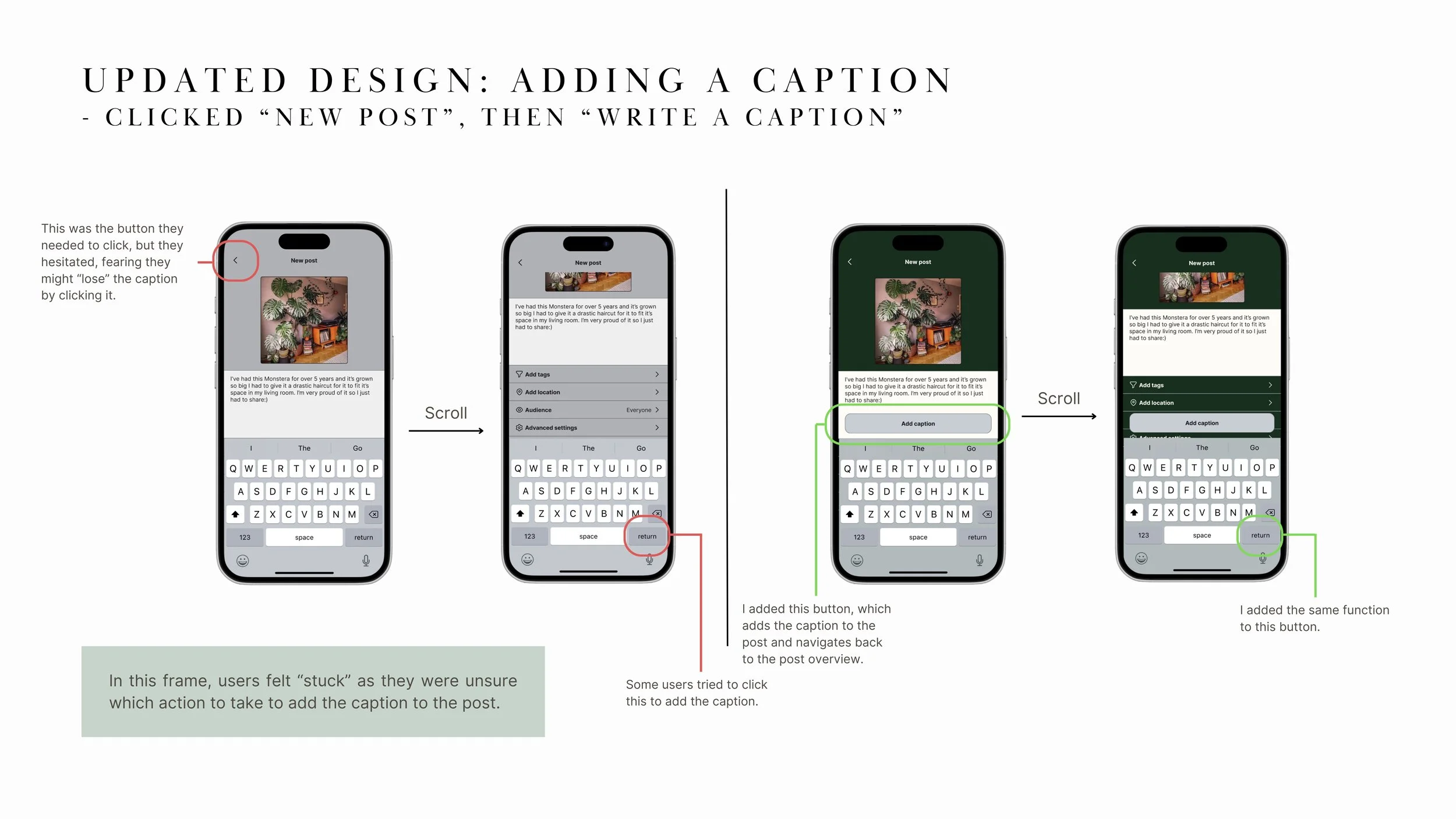 User Testing: I updated the design to high-fidelity based on feedback. This version simplifies adding a caption to a post and represents one of the updates implemented.