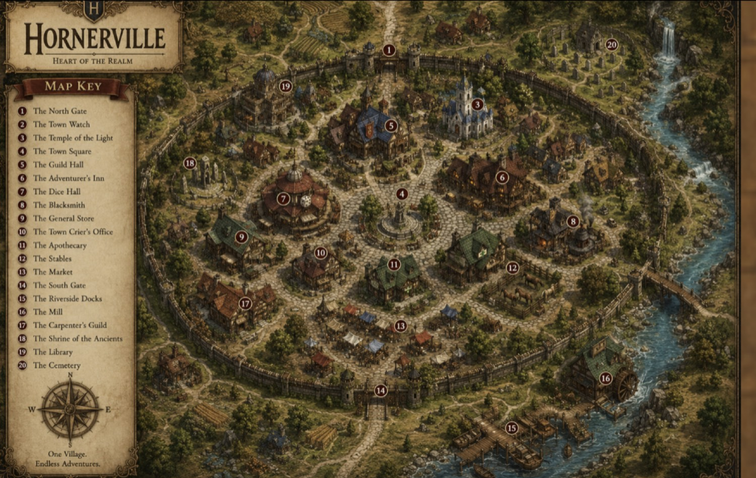 Numbered town map of Hornerville with twenty important locations