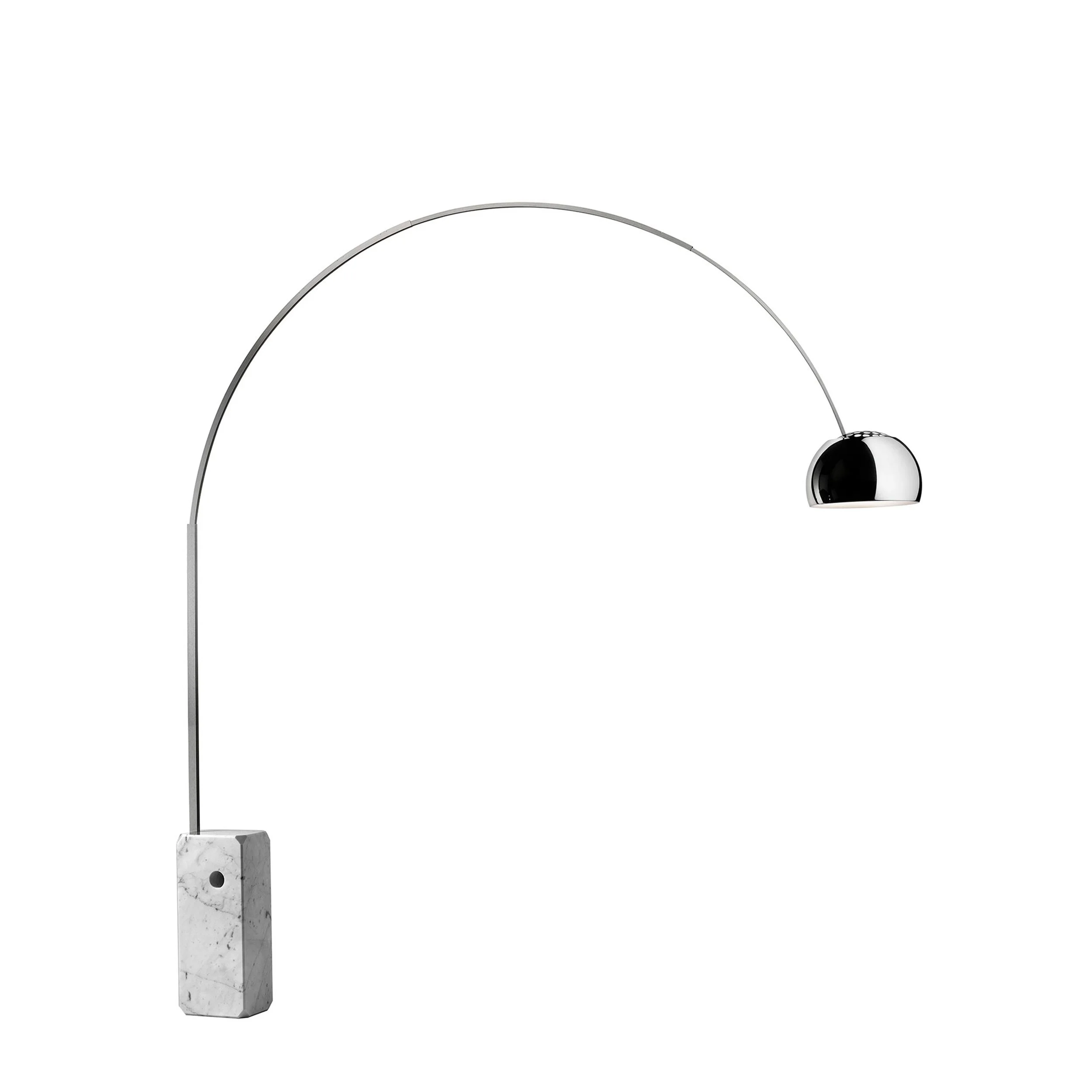 Modern arched floor lamp with a marble base and a metallic dome-shaped lampshade.