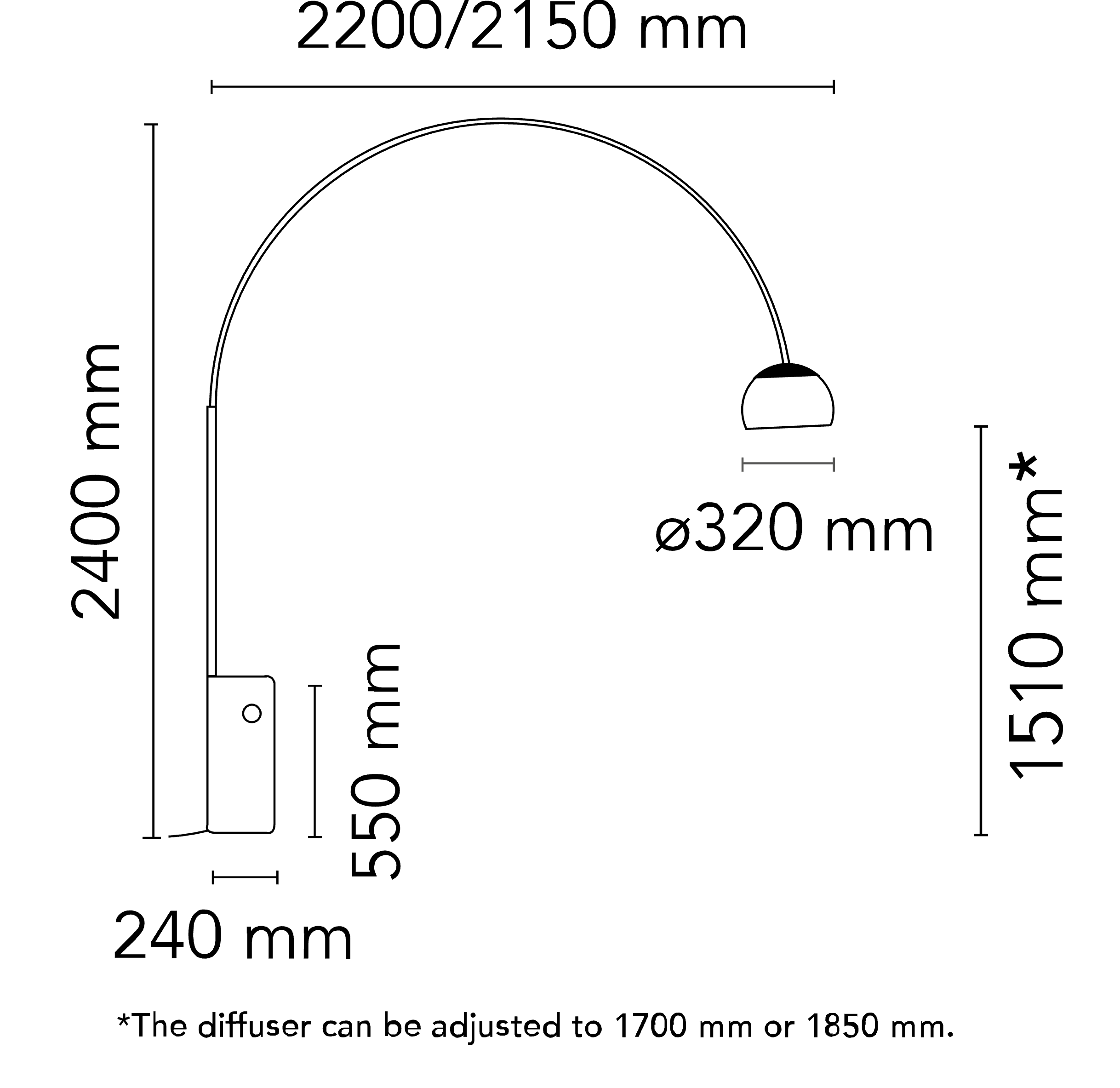 Technical drawing of a floor lamp with measurements in millimeters, including an adjustable diffuser, with a maximum height of 2400 mm, a base width of 240 mm, a height of 1550 mm, and a diffuser diameter of 320 mm.