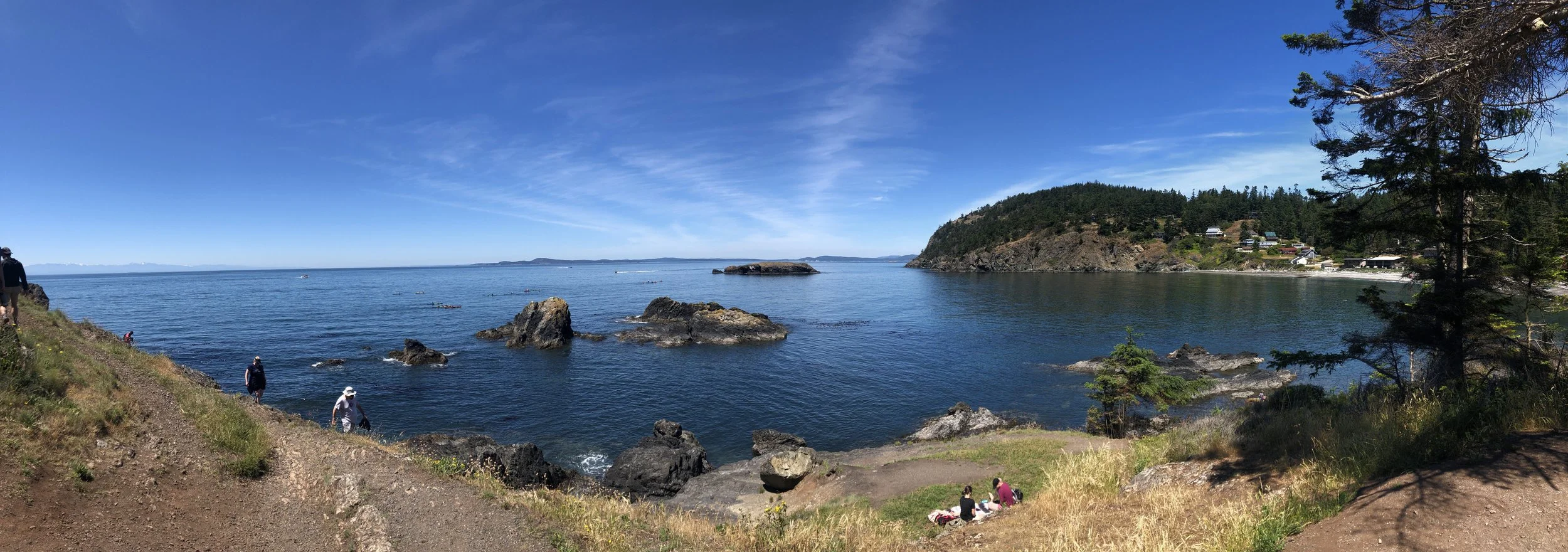 A panoramic view of a coastal landscape with rocky shores, calm blue water, and a hillside with trees and houses.