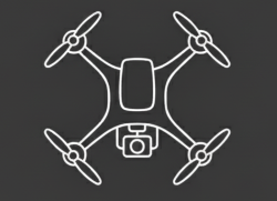 Line drawing of a drone with four propellers, landing gear, and a camera mounted underneath.