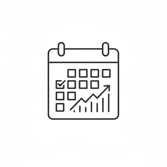 Line calendar icon with checkmark on one date and an upward trending arrow