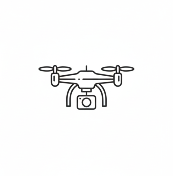Line drawing of a drone with four propellers and a camera mounted underneath.