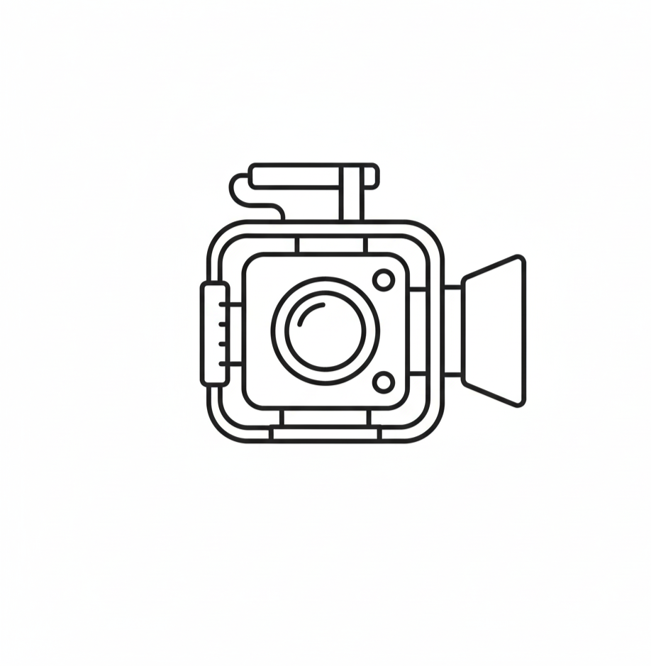Line drawing of a video camera with a lens and viewfinder.