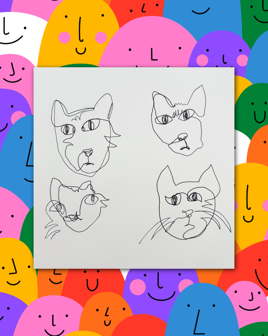 continuous line drawing of cat faces overlaying colorful smiley face background