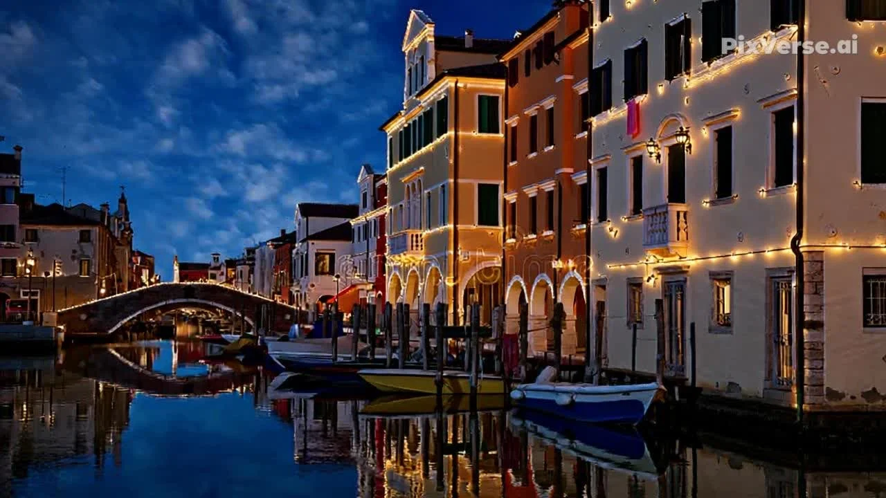 Canali e case colorate con luci festive sulla riva di un villaggio che sembra Venezia, di sera