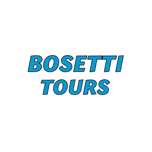 Logo con testo blu e nero "BOSETTI! TOURS" con linee verdi e azzurre, su sfondo nero