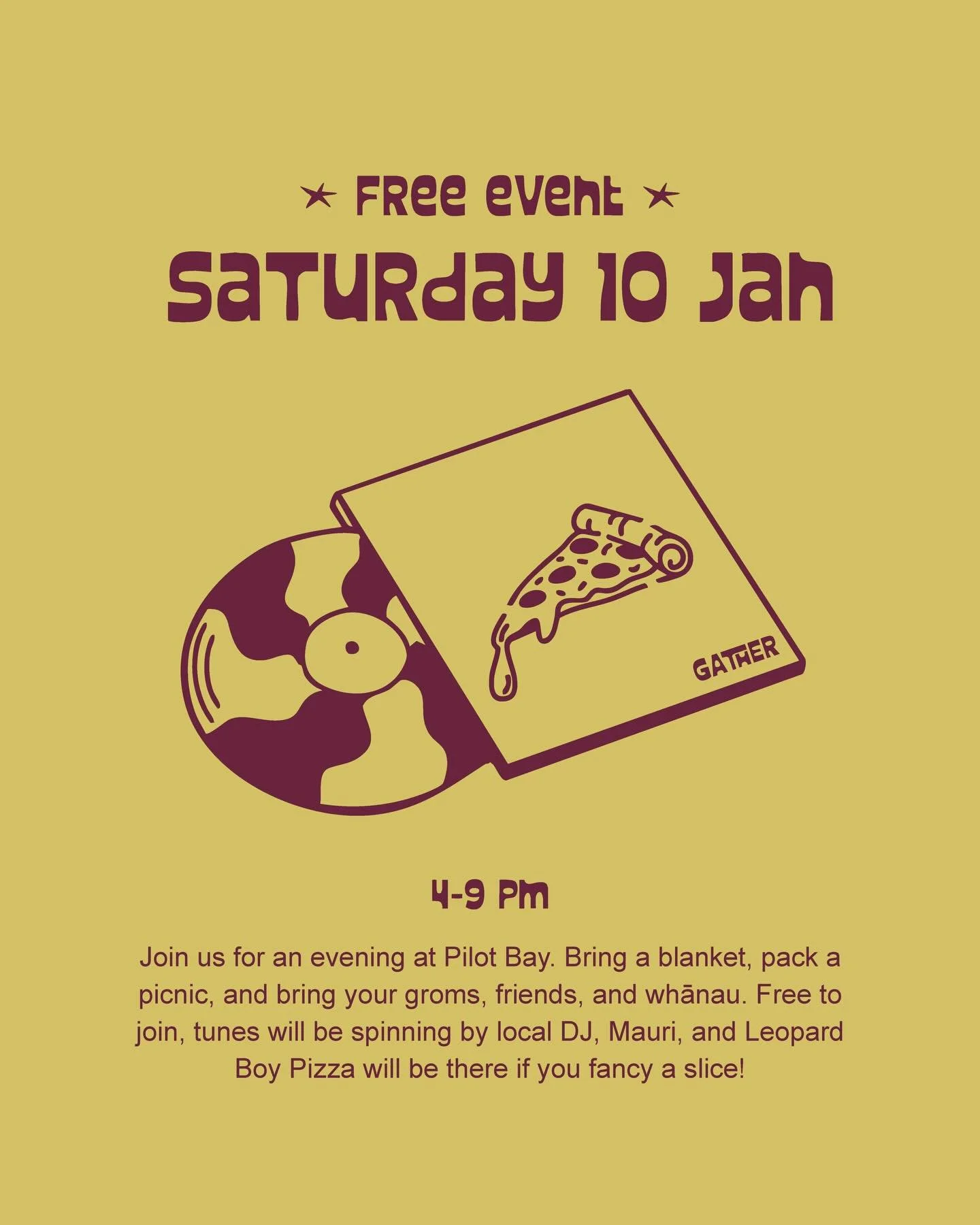 Our next Gather is on Saturday 10 January from 4pm at Pilot Bay. 

This is a free event, so join us by the water for a relaxed afternoon as the sun goes down.

Local DJ, @mauri_events_ will be on the decks, and @leopardboypizza will be serving pizzas