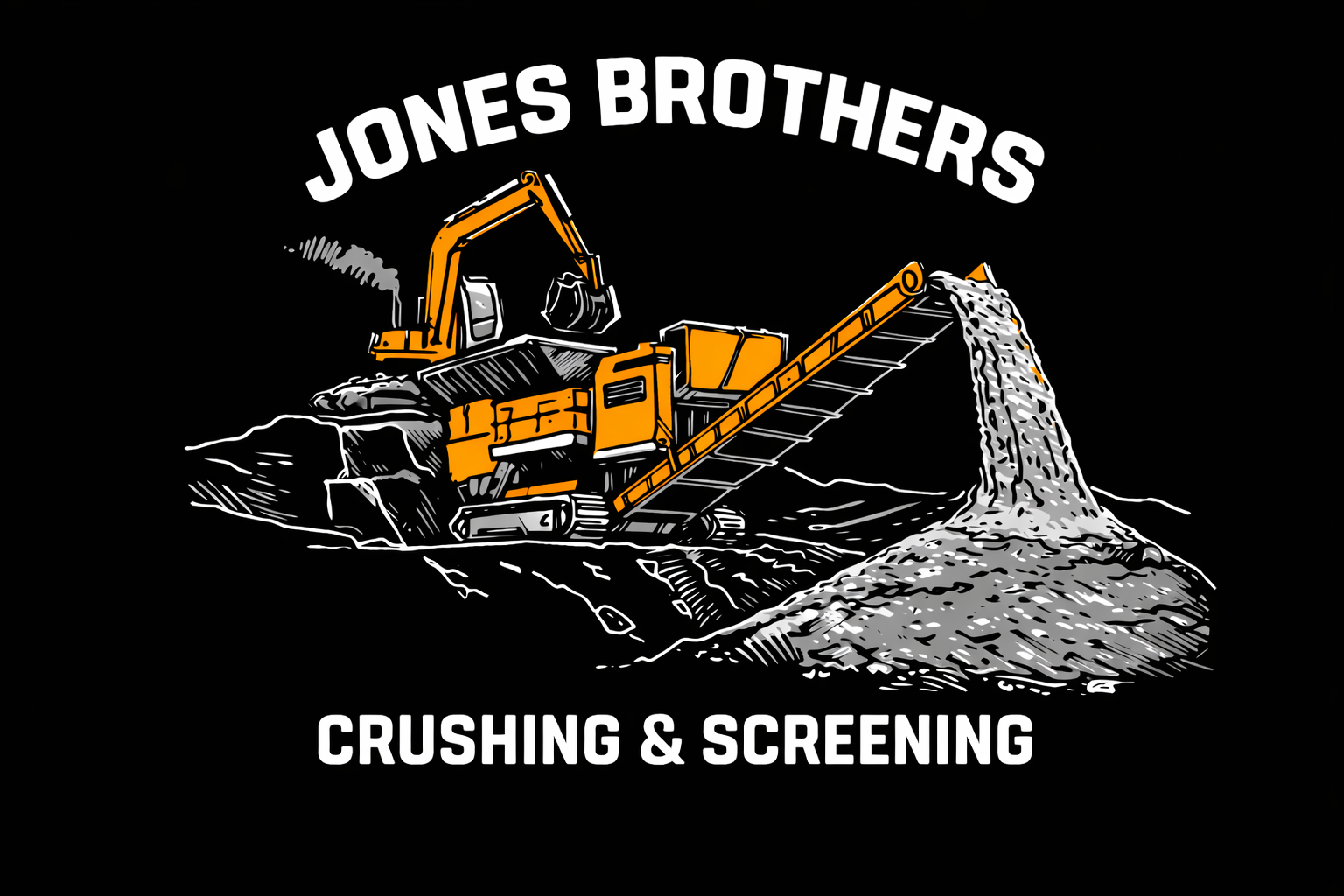 Illustration of a yellow bulldozer with a scoop attached, crushing rocks on a black background. Text reads 'Jones Brothers Crushing & Screening'.
