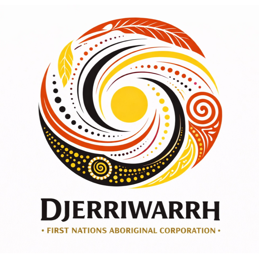 A circular Indigenous art design with swirling patterns in red, yellow, black, and white, featuring a yellow circle in the centre and stylised leaves. Below, the text reads "DJERRIWARRH FIRST NATIONS ABORIGINAL CORPORATION".