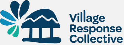 Logo of Village Response Collective featuring a stylized flower, a mountain, and a hut with text.
