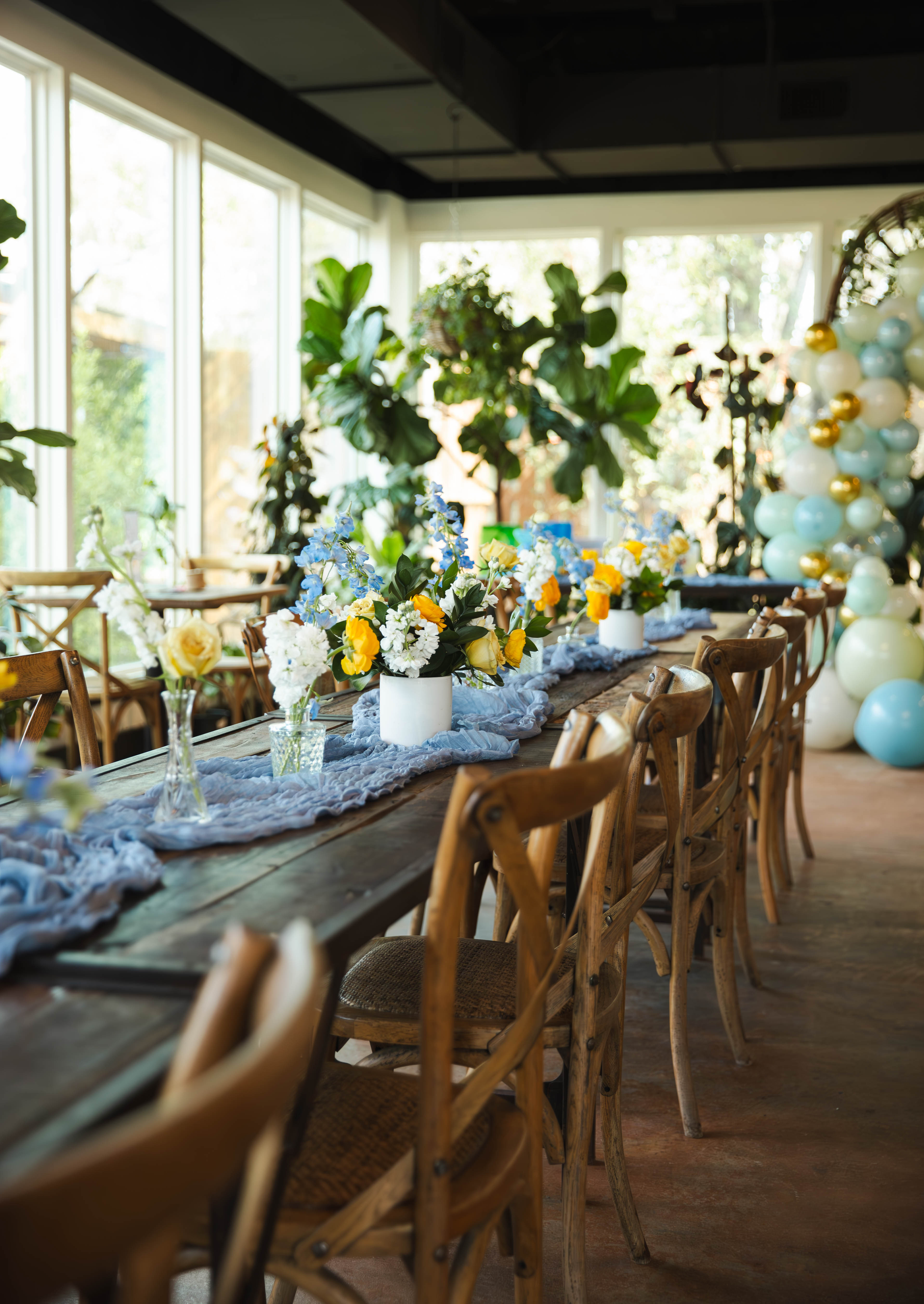 A decorated indoor dining area with a long wooden table covered with a blue runners and floral centerpieces, surrounded by wooden chairs, with large windows and green plants in the background, and pastel balloon arrangements on the side.