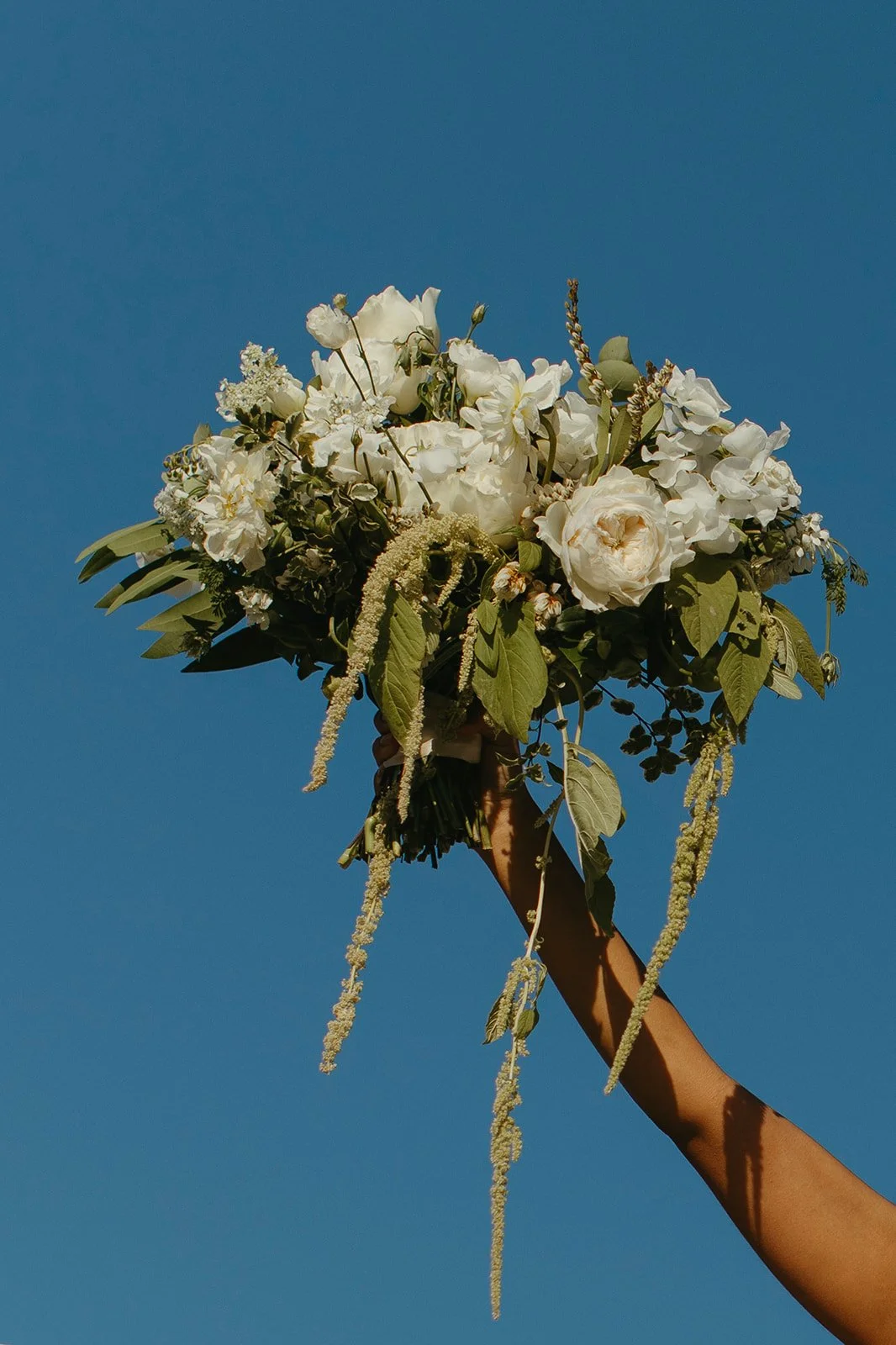A person's hand holding a bouquet of white flowers against a clear blue sky.