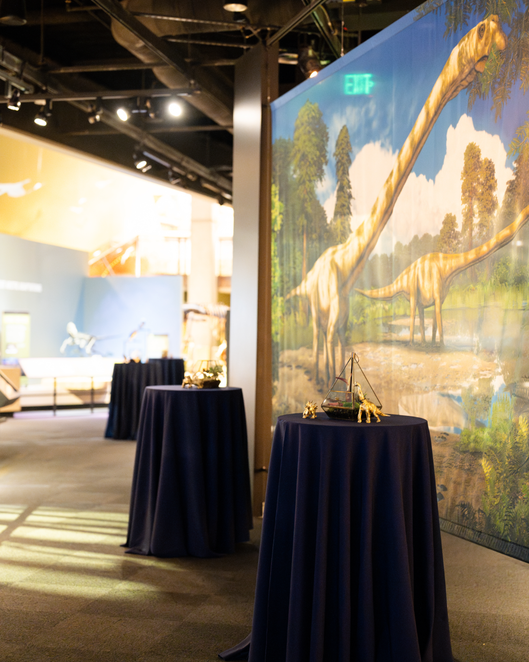 Exhibit with dinosaur models displayed on round tables covered with dark blue tablecloths, set against a wall mural depicting a prehistoric landscape with long-necked dinosaurs and lush greenery.