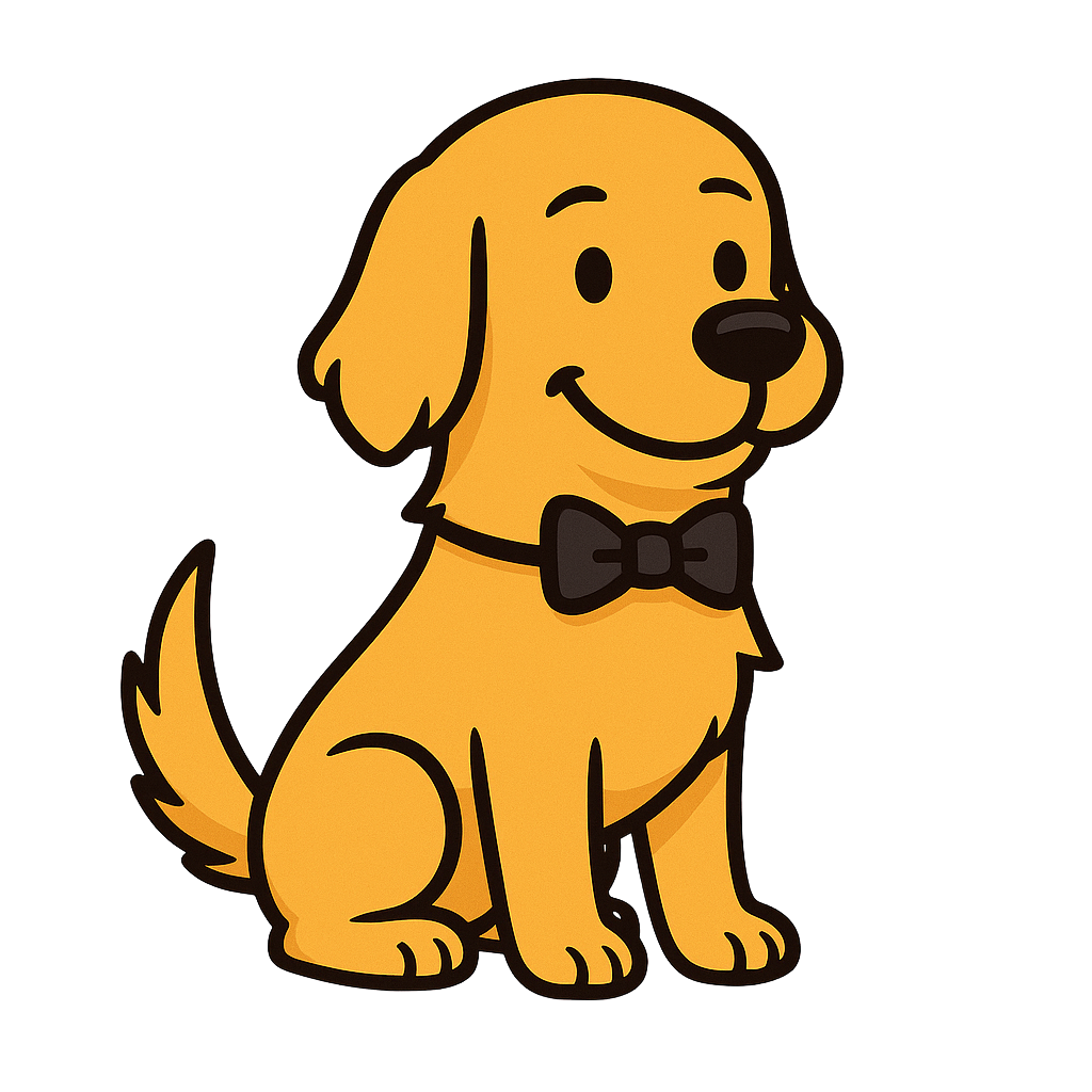 Cartoon illustration of a smiling golden retriever puppy with a black bow tie, sitting with one ear slightly raised.