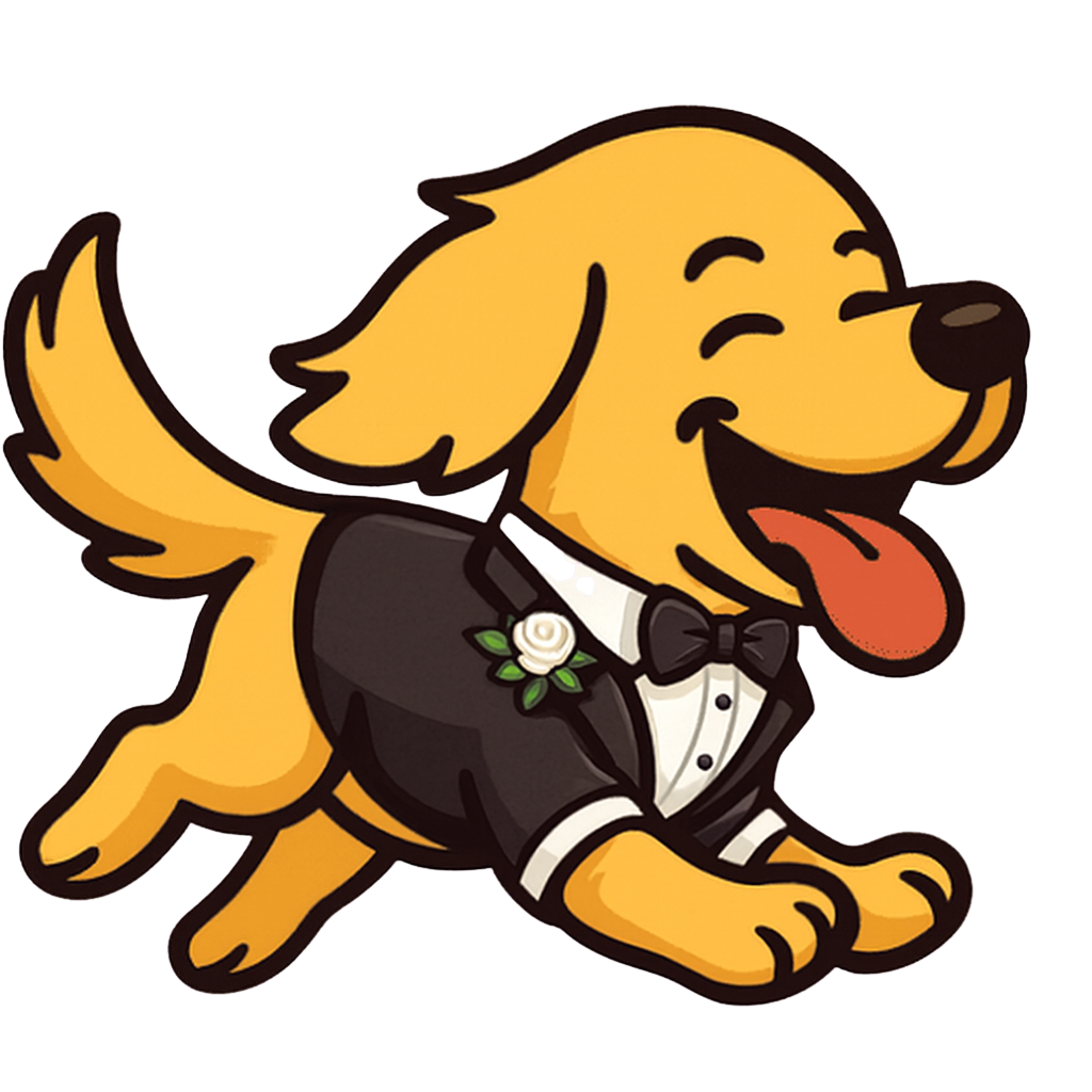 Cartoon dog dressed as a groom, wearing a tuxedo with a white flower boutonniere, smiling with tongue out.