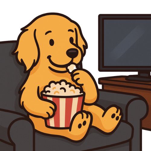 A cartoon puppy sitting on a couch, eating popcorn and watching TV.
