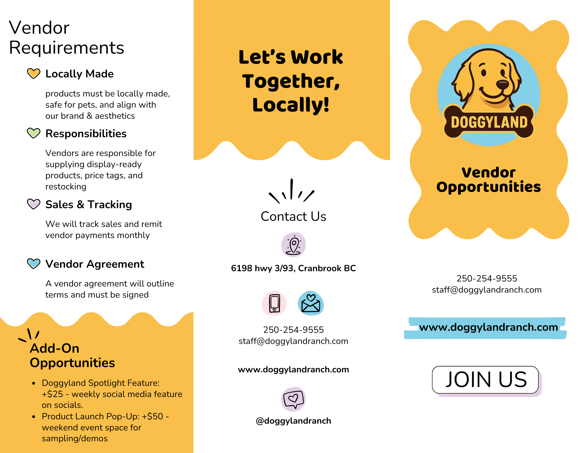 A flyer for Doggyland showcasing vendor requirements, opportunities, contact information, and event details with colorful signs and icons.