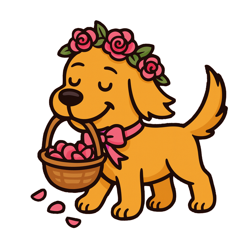 A happy cartoon golden retriever puppy wearing a pink flower crown and pink bow around its neck, holding a basket of pink flowers, with some flowers scattered on the ground.