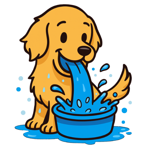 Cartoon illustration of a happy golden retriever puppy playing with water in a blue bowl.