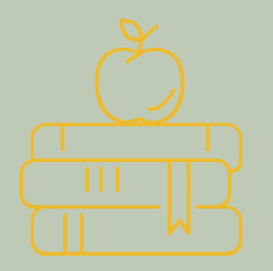 Outline illustration of an apple on top of three stacked books with a bookmark, all in yellow against a light green background l Encompass Growth Counselling l Lyn Le