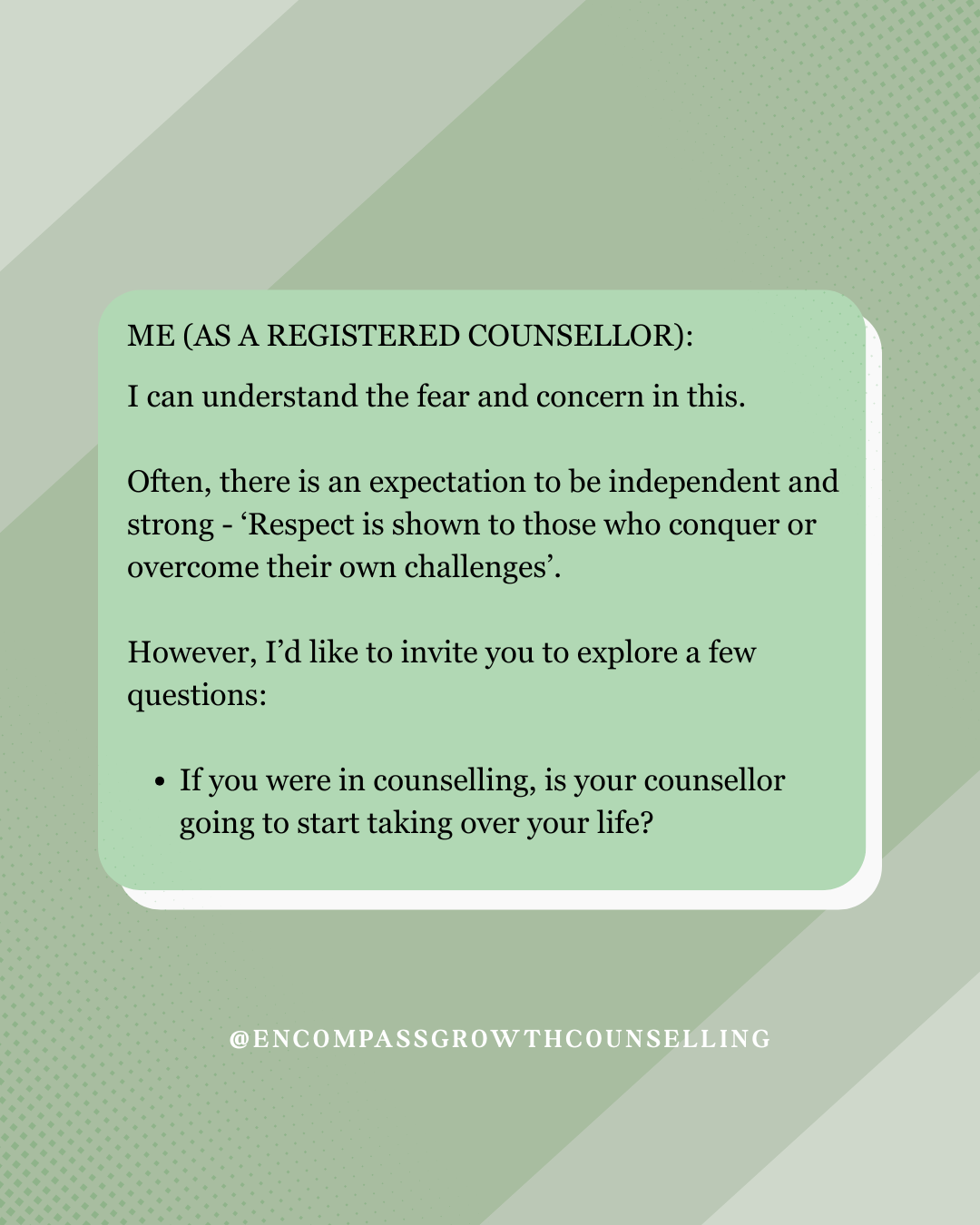 Featuring a quote about counseling, respect, and self-reflection. The text is in black and white, inviting viewers to explore questions about personal growth and counseling l Encompasss Growth Counselling l Lyn Le