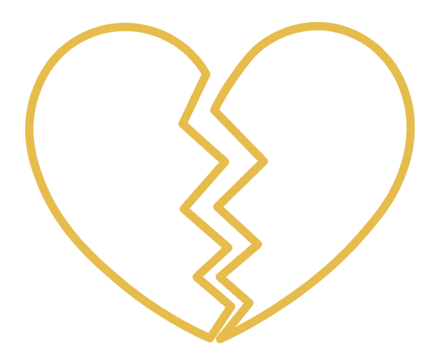 Gold outline of a broken heart with a jagged split down the middle l Encompass Growth Counselling l Lyn Le