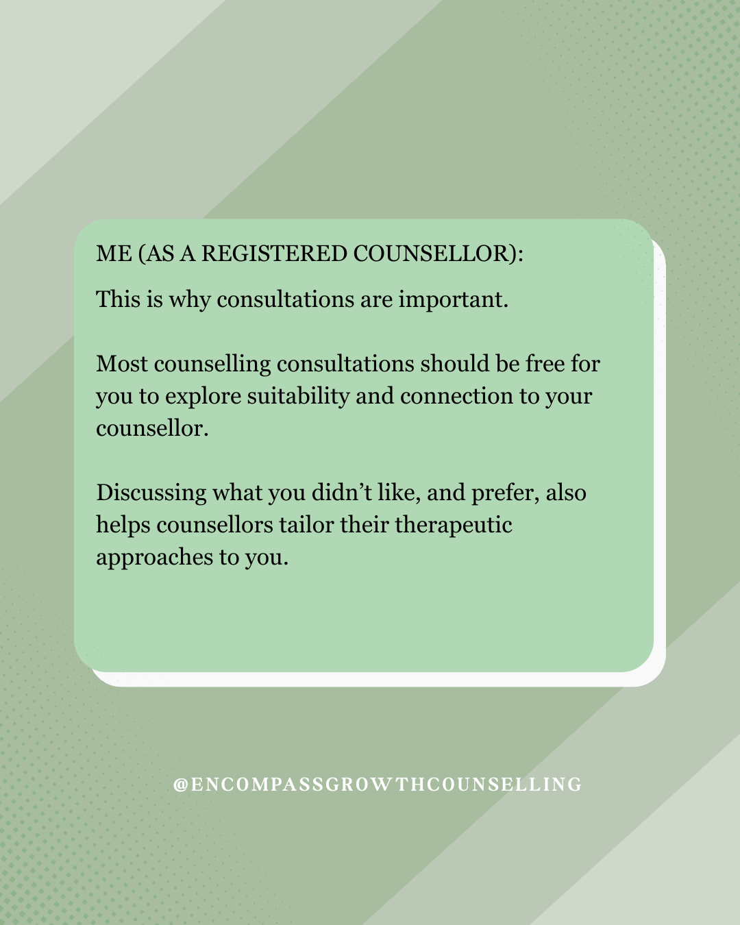 Discussing the importance of counseling consultations, encouraging free sessions to explore suitability and connection with the counselor, attributed to @encompassgrowthcounsellingl Encompasss Growth Counselling l Lyn Le