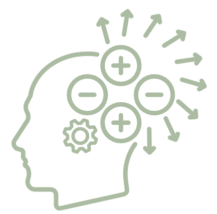 Outline of a human head with symbols representing positive and negative signs, gears, and arrows indicating ideas or thoughts l Encompass Growth Counselling l Lyn Le
