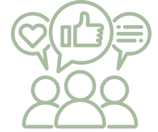 Three simple human icons with speech bubbles above them, containing a heart, a thumbs-up, and lines representing text l Encompass Growth Counselling l Lyn Le