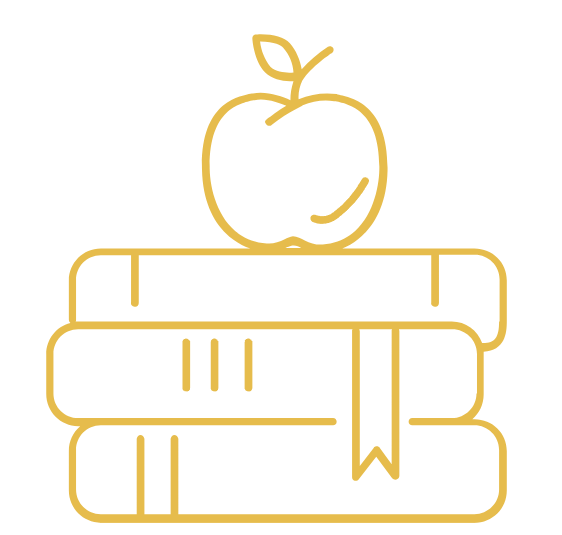 Outline drawing of an apple on top of three stacked books with a bookmark l Encompass Growth Counselling l Lyn Le