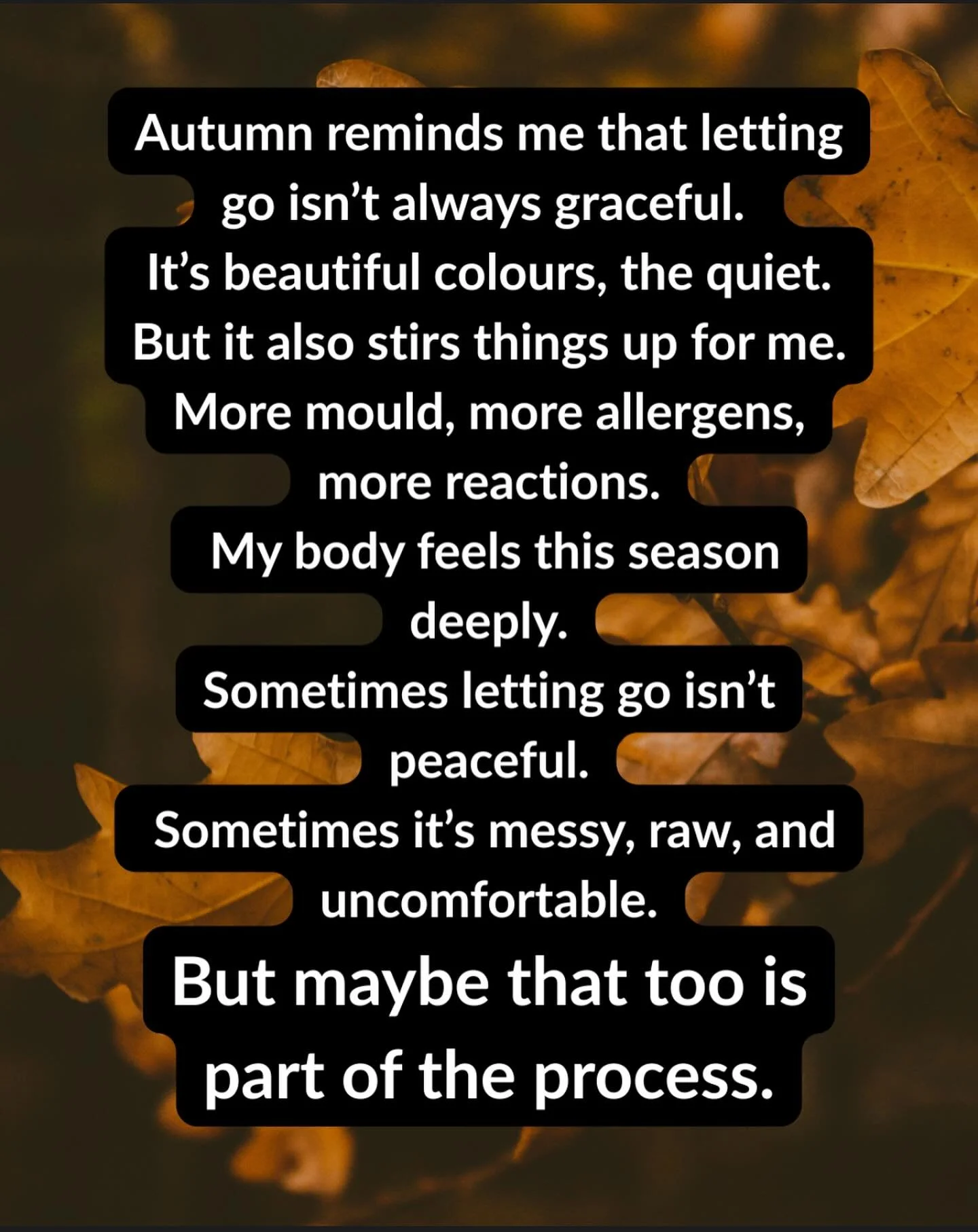 Autumn is beautiful, but for me, it&rsquo;s also a challenge.
More allergens in the air, more mould, more sensitivity. My body always knows when the season shifts.

And maybe that&rsquo;s what this season teaches: that letting go isn&rsquo;t always s