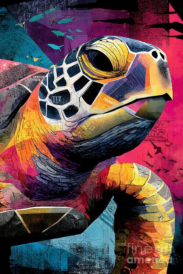 Mosaic Sea Turtle - Vibrant Wildlife Portrait with Abstract Marine Elements