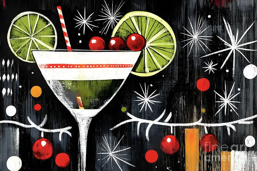 Vibrant Christmas Cocktail with Cherries and Lime Slices in a Lively Starburst Design
