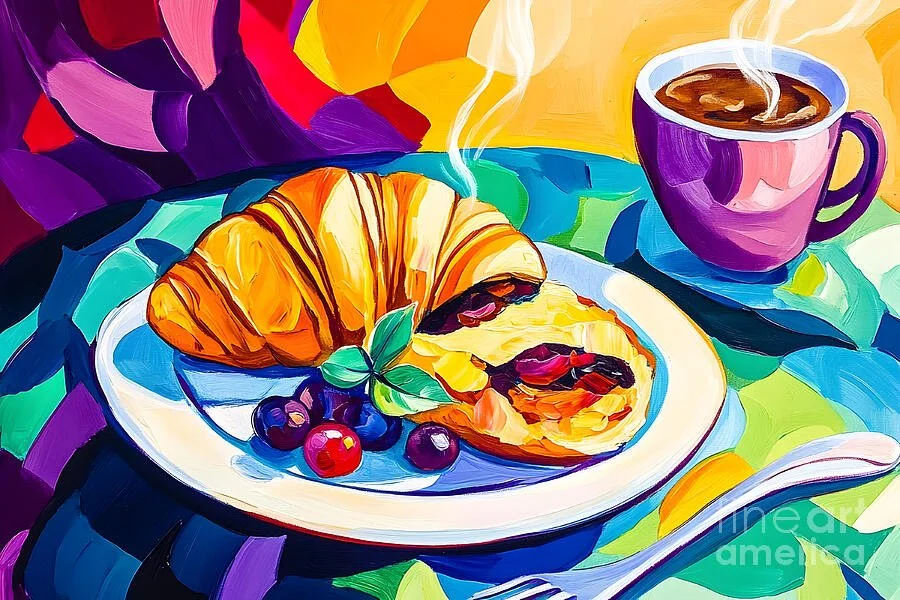 Vibrant Breakfast with Coffee Croissant and Fresh Fruit Digital Abstract AI Art