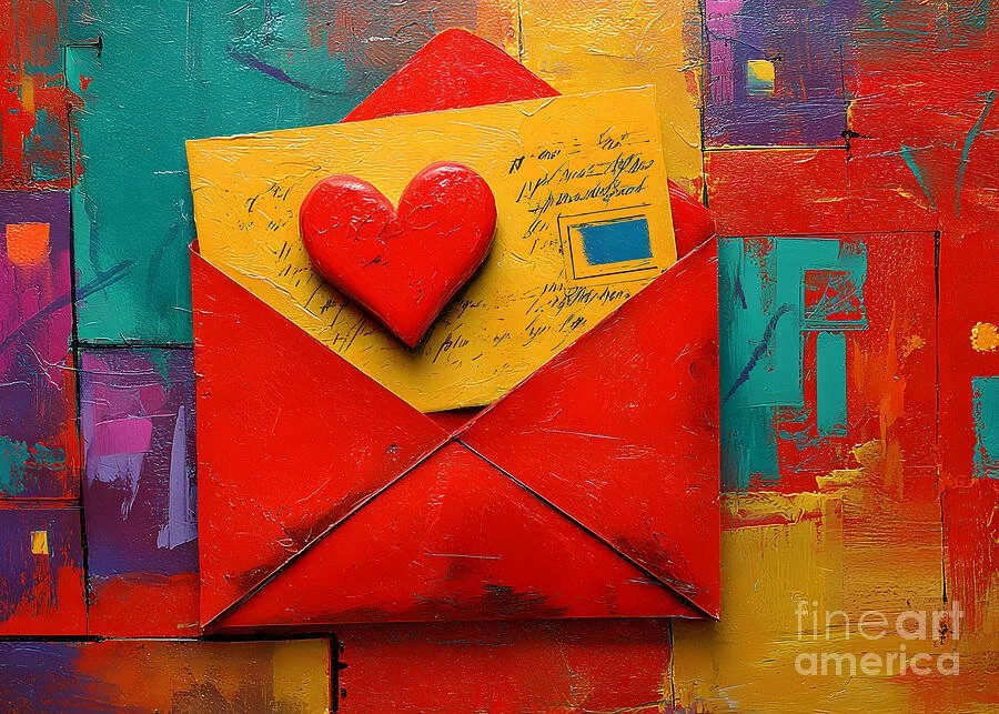 Valentine Envelope Sealed with Heart Amid Vibrant Red Yellow and Blue Background