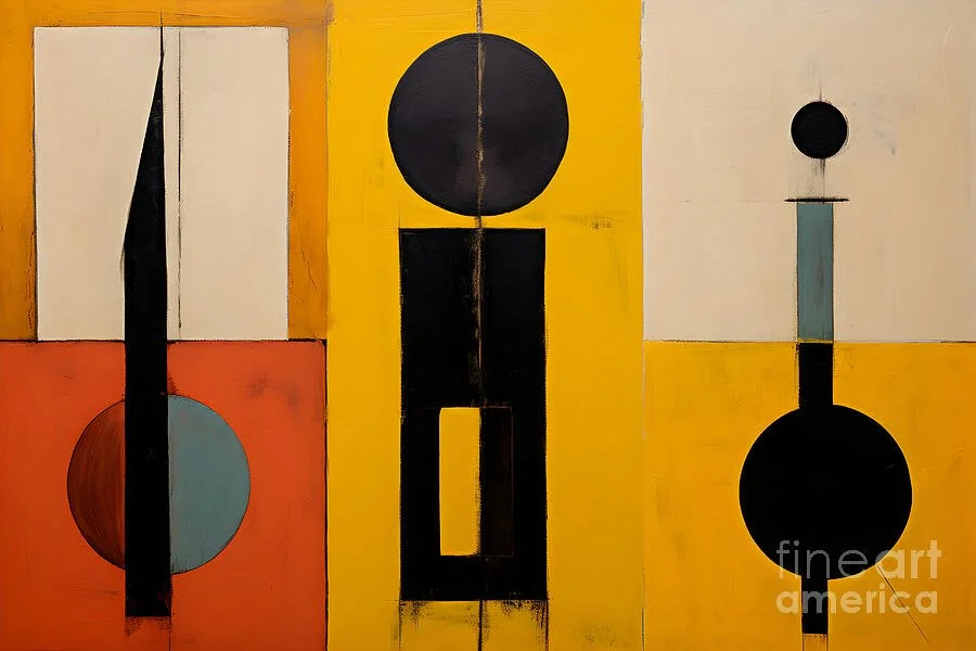 Abstract Geometric Artwork Featuring Bold Shapes and Contrasting Colors on a Bright Background