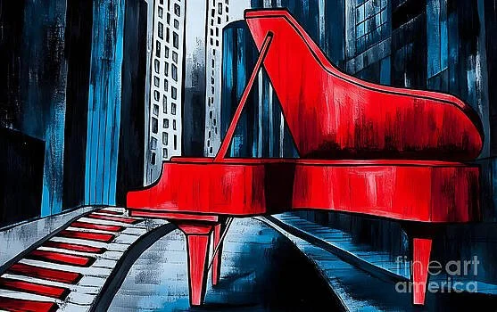 Vibrant Red Grand Piano with Keys Extending into Monochromatic Urban Landscape - Surreal and Dynamic