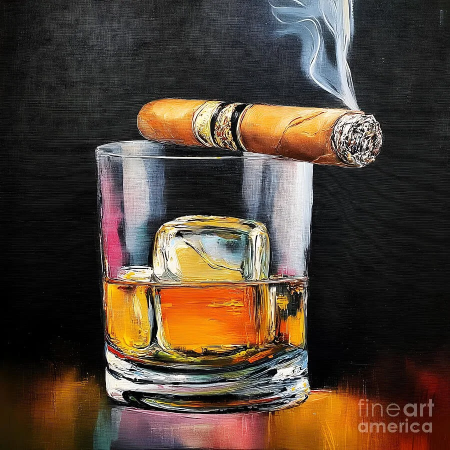 Savor the Moment - A Vibrant Abstract Celebration of Whiskey Cigar and Sophisticated Relaxation