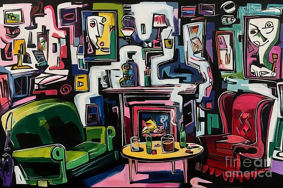 A Vibrant Cigar Lounge Alive with Color, Abstract Shapes and Exaggerated Forms