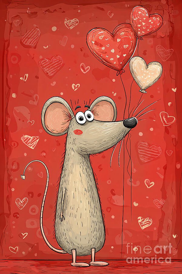 A Mouse with Heart-Shaped Balloons A Whimsical Valentine's Scene Full of Joy, Color and Charm
