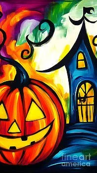 Vibrant Halloween Art with Glowing Jack o Lantern and Whimsical Crooked House - Festive and Eerie