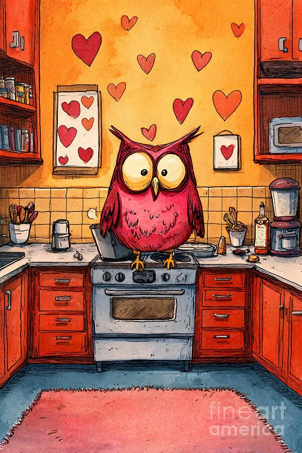 Funny Owl in a Heart-Adorned Kitchen Stirring Love, Color and Whimsy